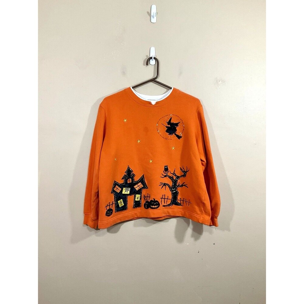 VTG Womens Embellished Halloween Shirt L Orange Haunted House Pumpkins Witch 90s